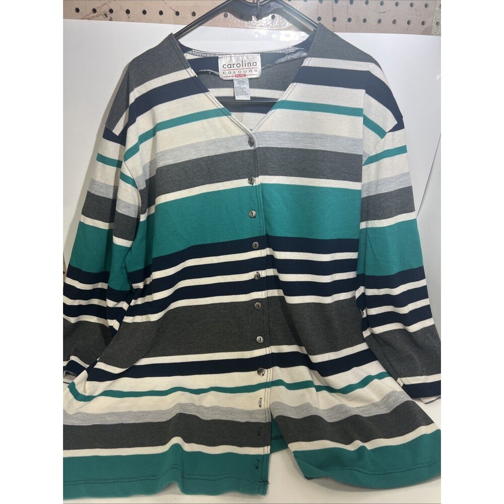 Carolina Colours Plus cardigan 20W/40 Striped White, Gray, Teal Colors